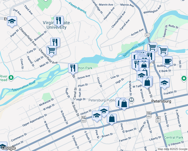 map of restaurants, bars, coffee shops, grocery stores, and more near 514 Grove Avenue in Petersburg