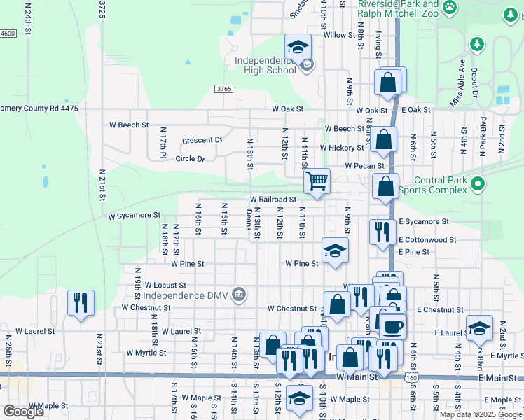 map of restaurants, bars, coffee shops, grocery stores, and more near 801-851 North 13th Street in Independence