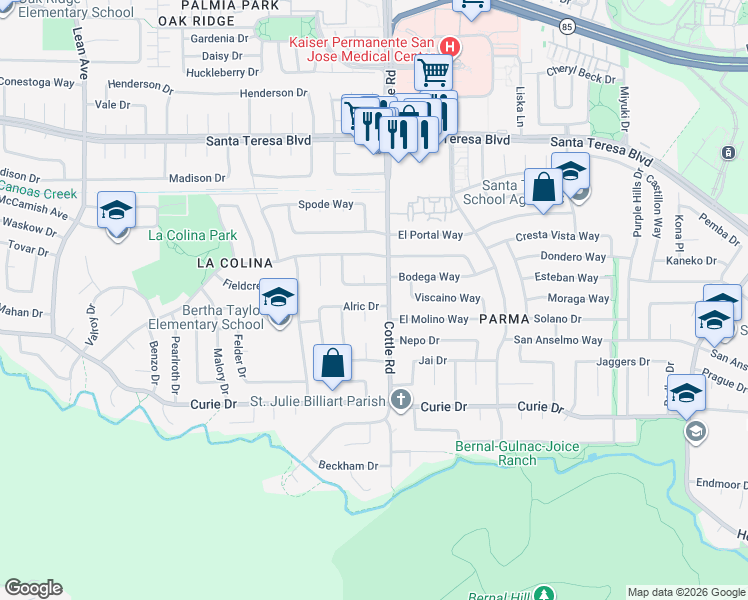map of restaurants, bars, coffee shops, grocery stores, and more near 365 Alric Drive in San Jose