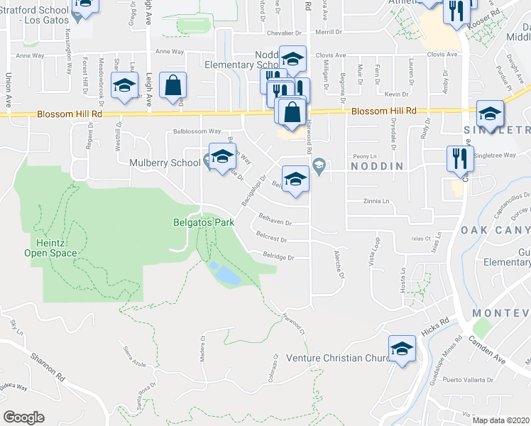 map of restaurants, bars, coffee shops, grocery stores, and more near 139 Belhaven Drive in Los Gatos