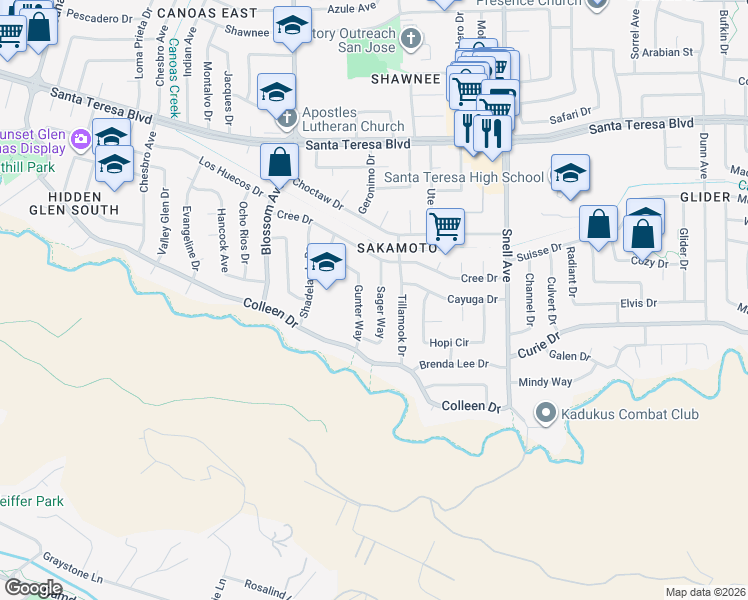 map of restaurants, bars, coffee shops, grocery stores, and more near 6235 Sager Way in San Jose