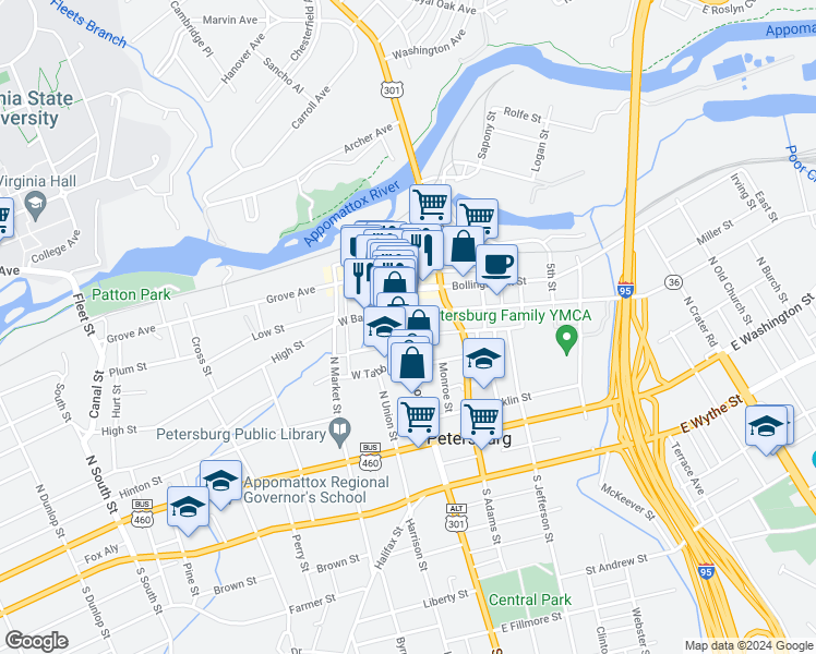 map of restaurants, bars, coffee shops, grocery stores, and more near 241 North Sycamore Street in Petersburg