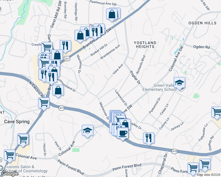 map of restaurants, bars, coffee shops, grocery stores, and more near 3709 Goodview Avenue in Cave Spring
