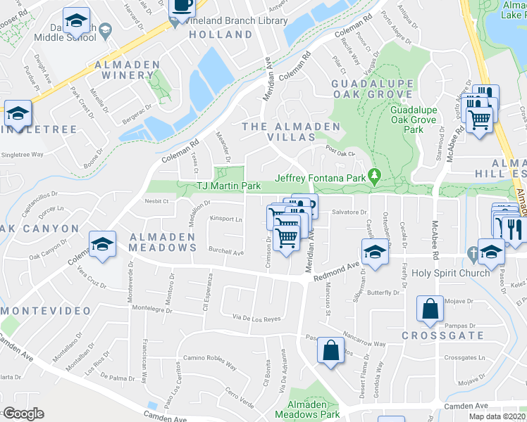 map of restaurants, bars, coffee shops, grocery stores, and more near 5964 Glowing Court in San Jose