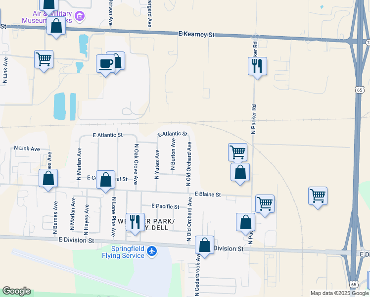 map of restaurants, bars, coffee shops, grocery stores, and more near 1917 N Old Orchard Ave in Springfield