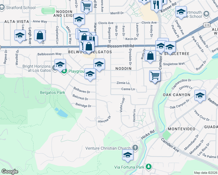 map of restaurants, bars, coffee shops, grocery stores, and more near 5789 Begonia Dr in San Jose