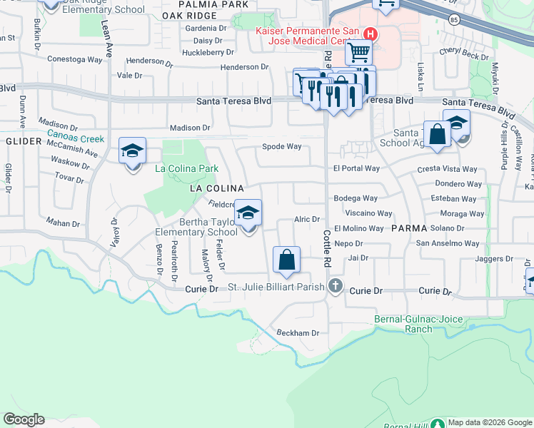 map of restaurants, bars, coffee shops, grocery stores, and more near 6262 Woosley Drive in San Jose
