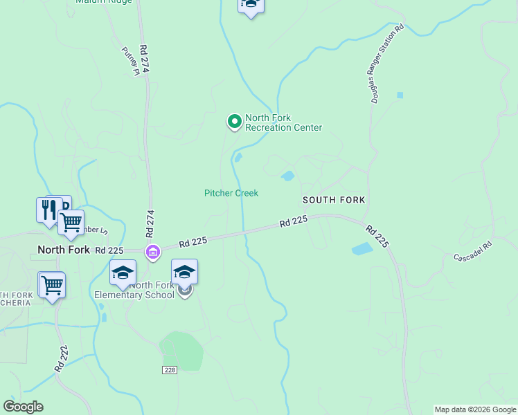 map of restaurants, bars, coffee shops, grocery stores, and more near 57665 Road 225 in North Fork