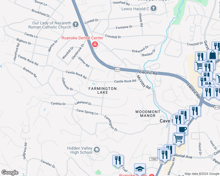 map of restaurants, bars, coffee shops, grocery stores, and more near 5225 Lipps Road in Roanoke