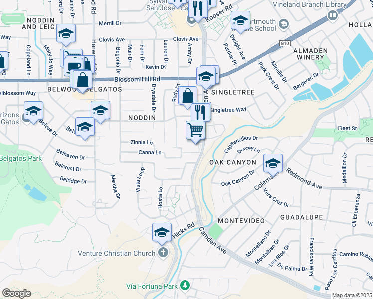 map of restaurants, bars, coffee shops, grocery stores, and more near 5749B Canna Lane in San Jose