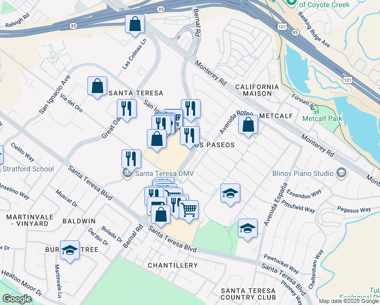 map of restaurants, bars, coffee shops, grocery stores, and more near 105 Bernal Rd in San Jose