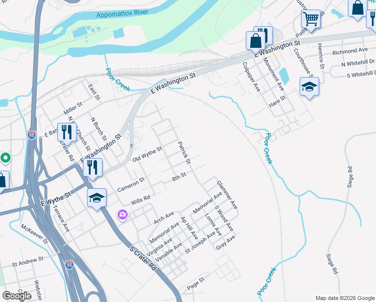 map of restaurants, bars, coffee shops, grocery stores, and more near 1118 6th Street in Petersburg