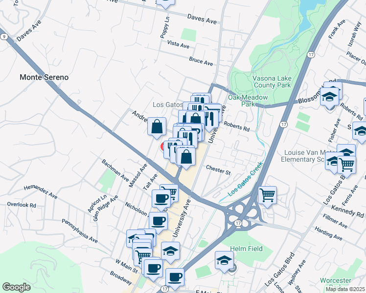 map of restaurants, bars, coffee shops, grocery stores, and more near 433 North Santa Cruz Avenue in Los Gatos