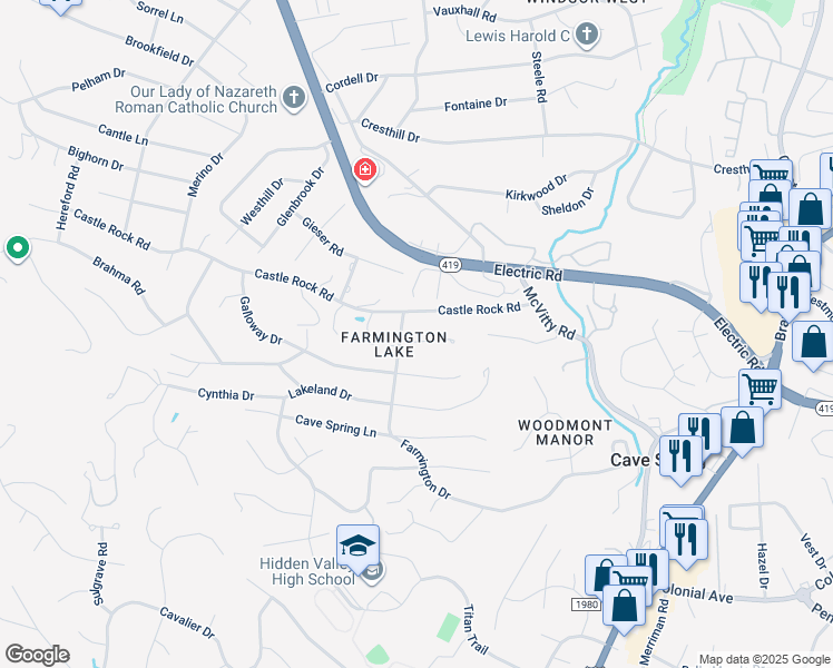 map of restaurants, bars, coffee shops, grocery stores, and more near 5225 Lipps Road in Roanoke