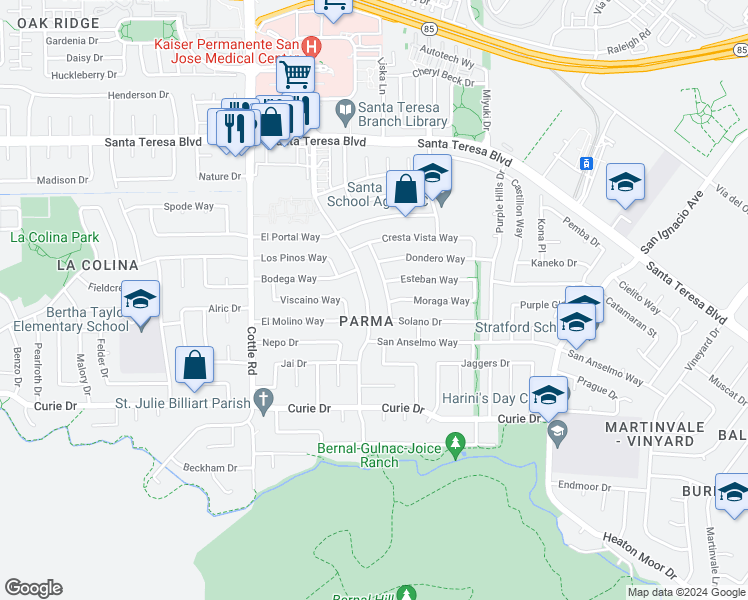 map of restaurants, bars, coffee shops, grocery stores, and more near 6306 Camino Verde Drive in San Jose