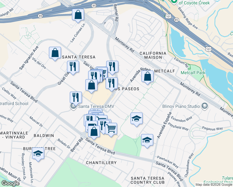 map of restaurants, bars, coffee shops, grocery stores, and more near 105 Bernal Road in San Jose