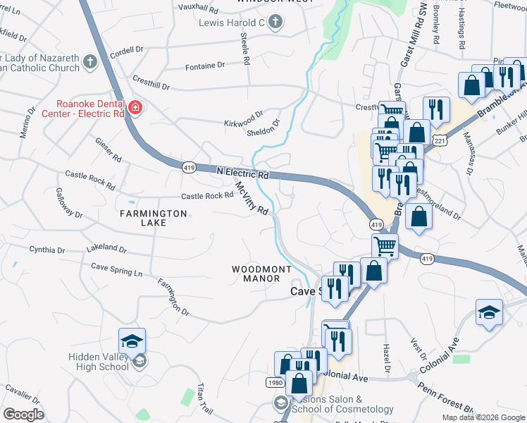 map of restaurants, bars, coffee shops, grocery stores, and more near 3116 McVitty Rd in Roanoke