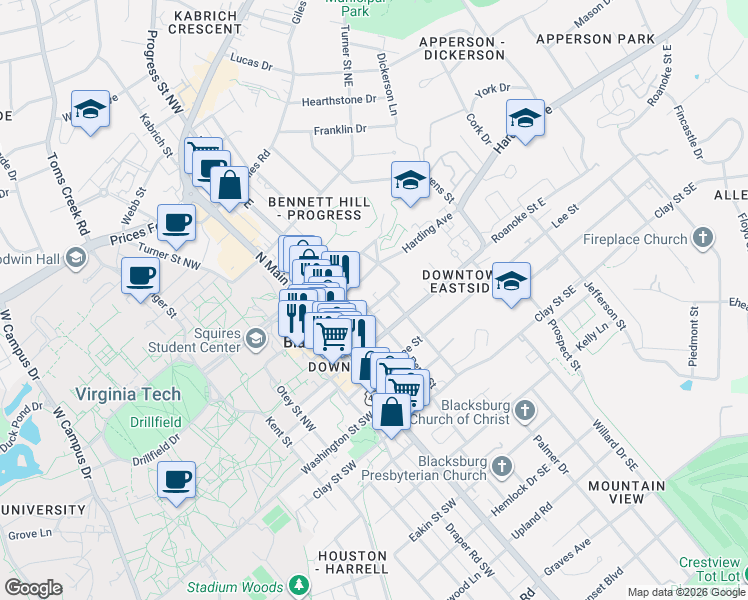 map of restaurants, bars, coffee shops, grocery stores, and more near 303 Jackson St in Blacksburg