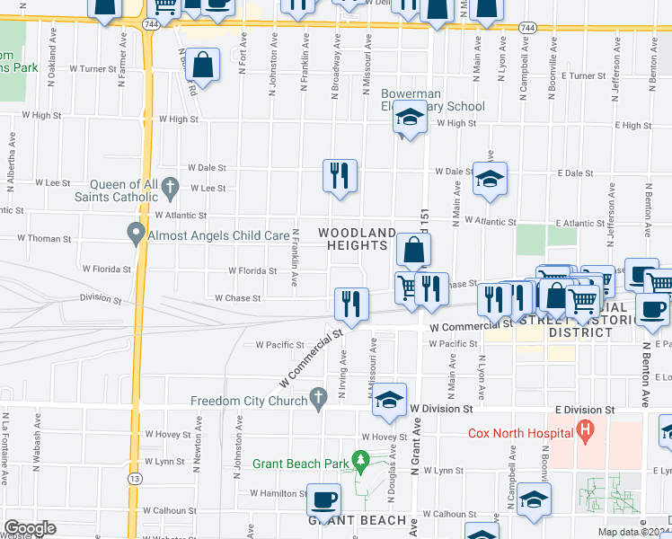 map of restaurants, bars, coffee shops, grocery stores, and more near 928 West Florida Street in Springfield