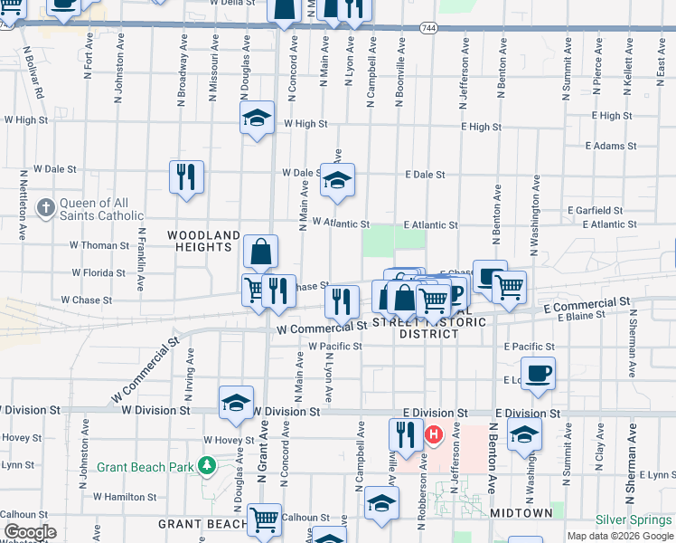 map of restaurants, bars, coffee shops, grocery stores, and more near 1875 North Campbell Avenue in Springfield