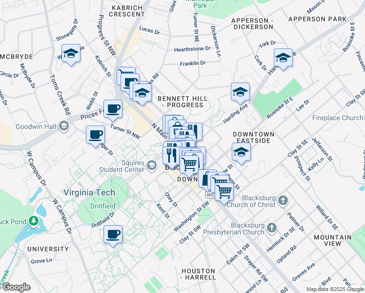 map of restaurants, bars, coffee shops, grocery stores, and more near 120 Wilson Avenue in Blacksburg