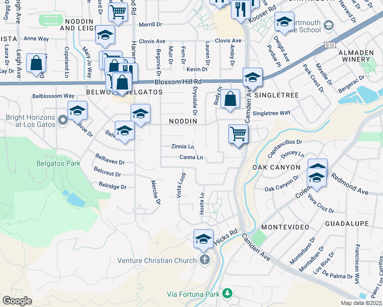 map of restaurants, bars, coffee shops, grocery stores, and more near 1675 Canna Lane in San Jose