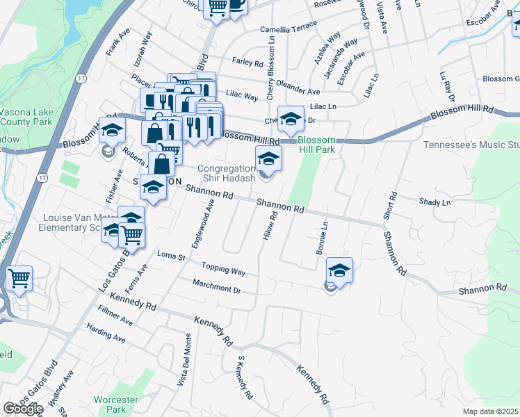 map of restaurants, bars, coffee shops, grocery stores, and more near 16332 East La Chiquita Avenue in Los Gatos