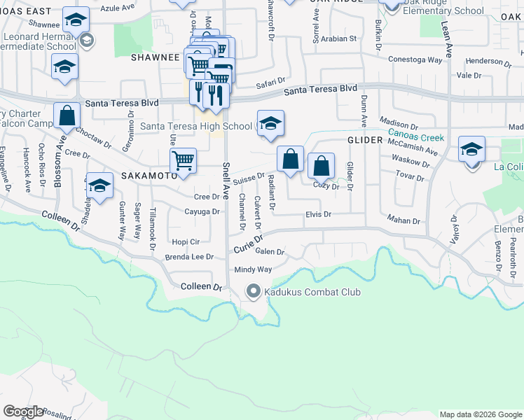 map of restaurants, bars, coffee shops, grocery stores, and more near 6286 Culvert Drive in San Jose