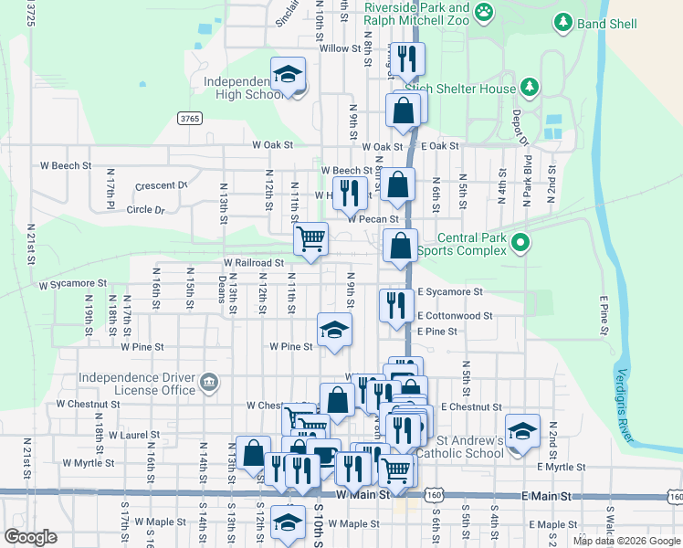 map of restaurants, bars, coffee shops, grocery stores, and more near 800 North 10th Street in Independence