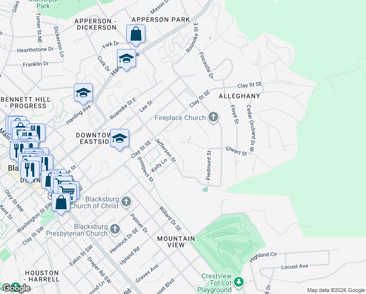 map of restaurants, bars, coffee shops, grocery stores, and more near 706 Knob Hill Drive in Blacksburg