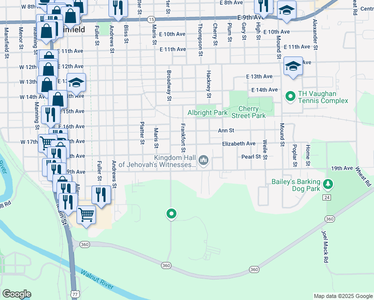 map of restaurants, bars, coffee shops, grocery stores, and more near 1706 Frankfort Street in Winfield