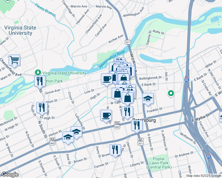 map of restaurants, bars, coffee shops, grocery stores, and more near 124 West Bank Street in Petersburg
