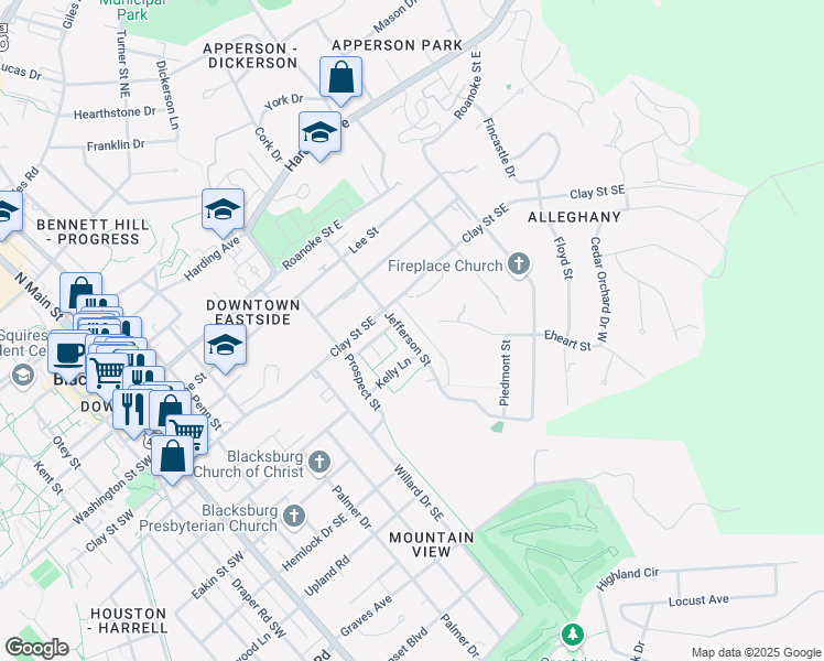 map of restaurants, bars, coffee shops, grocery stores, and more near 505 Jefferson Street in Blacksburg