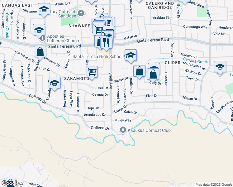 map of restaurants, bars, coffee shops, grocery stores, and more near 6271 Channel Drive in San Jose