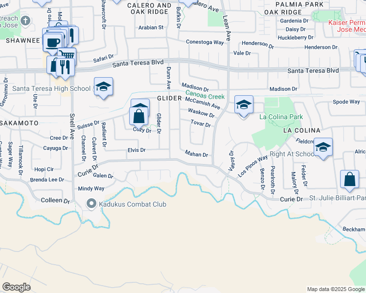 map of restaurants, bars, coffee shops, grocery stores, and more near 6272 Mahan Drive in San Jose