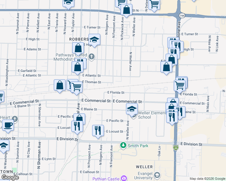 map of restaurants, bars, coffee shops, grocery stores, and more near 1411 East Florida Street in Springfield