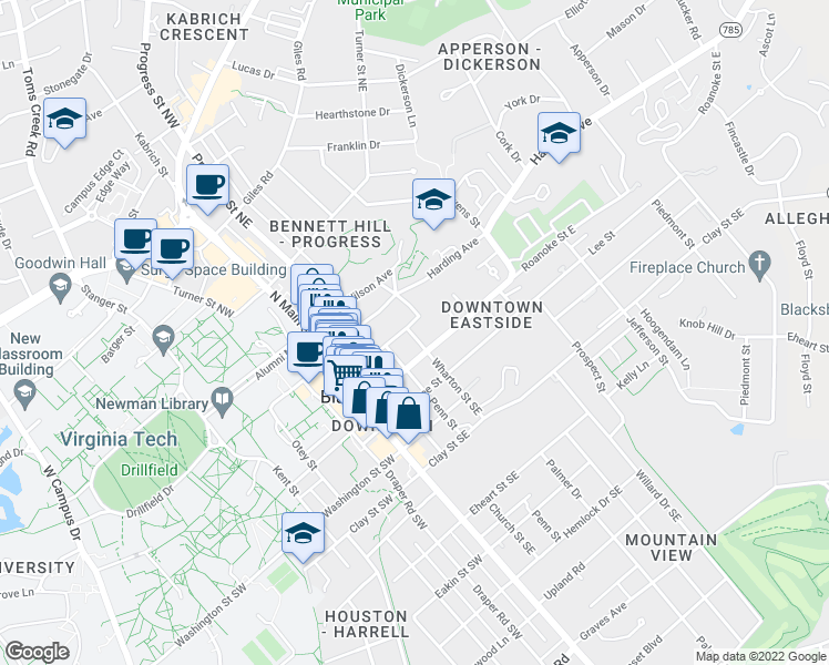 map of restaurants, bars, coffee shops, grocery stores, and more near 109 Wharton Street Northeast in Blacksburg
