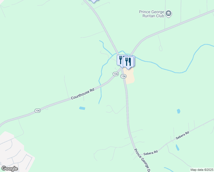 map of restaurants, bars, coffee shops, grocery stores, and more near 7705 Courthouse Road in Prince George