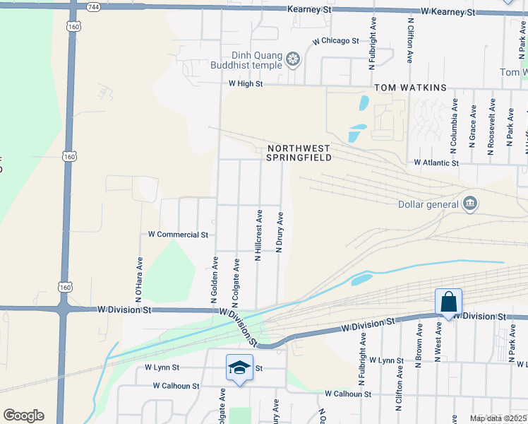 map of restaurants, bars, coffee shops, grocery stores, and more near 1838 North Hillcrest Avenue in Springfield