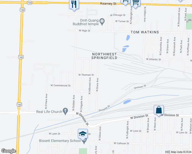 map of restaurants, bars, coffee shops, grocery stores, and more near 1835 North Drury Avenue in Springfield