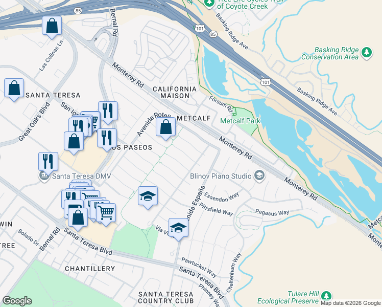 map of restaurants, bars, coffee shops, grocery stores, and more near 7174 Vía Corona in San Jose