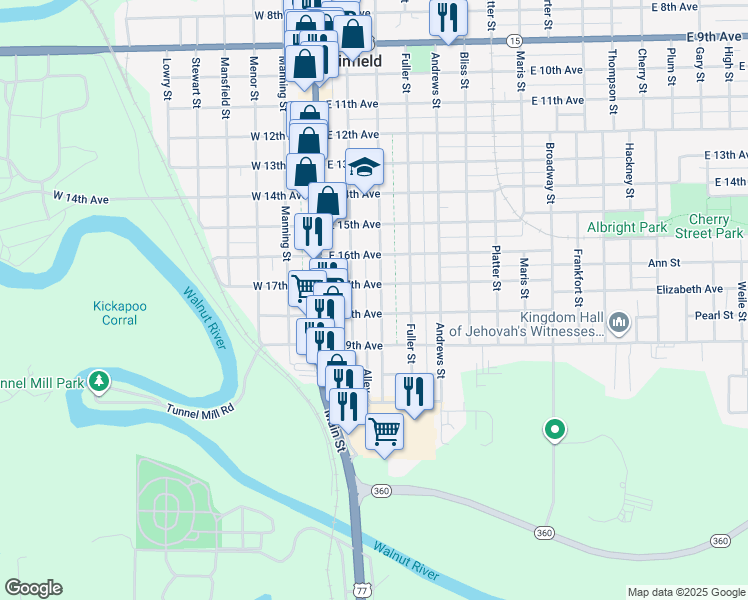 map of restaurants, bars, coffee shops, grocery stores, and more near 1711 Loomis Street in Winfield