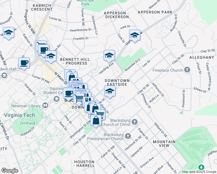 map of restaurants, bars, coffee shops, grocery stores, and more near 422 Roanoke Street East in Blacksburg