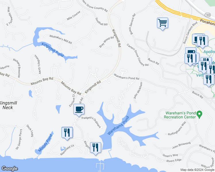 map of restaurants, bars, coffee shops, grocery stores, and more near 276 Littletown Quarter in Williamsburg