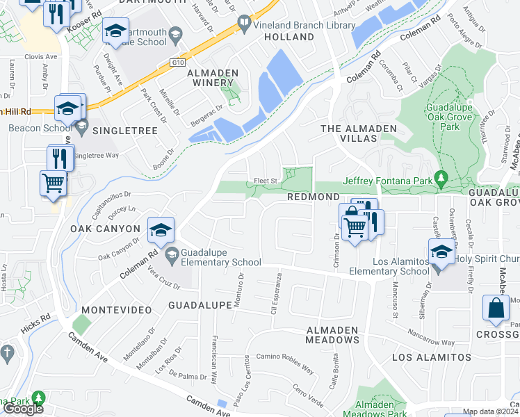 map of restaurants, bars, coffee shops, grocery stores, and more near 1443 Medallion Drive in San Jose