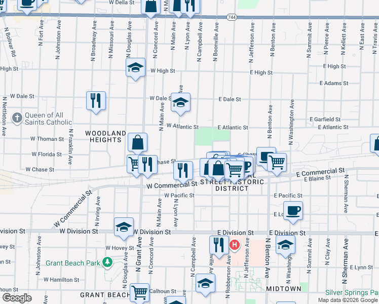 map of restaurants, bars, coffee shops, grocery stores, and more near 1875 North Campbell Avenue in Springfield