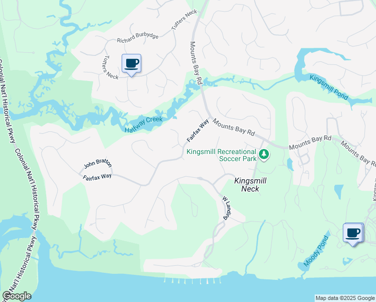 map of restaurants, bars, coffee shops, grocery stores, and more near 301 Fairfax Way in Williamsburg