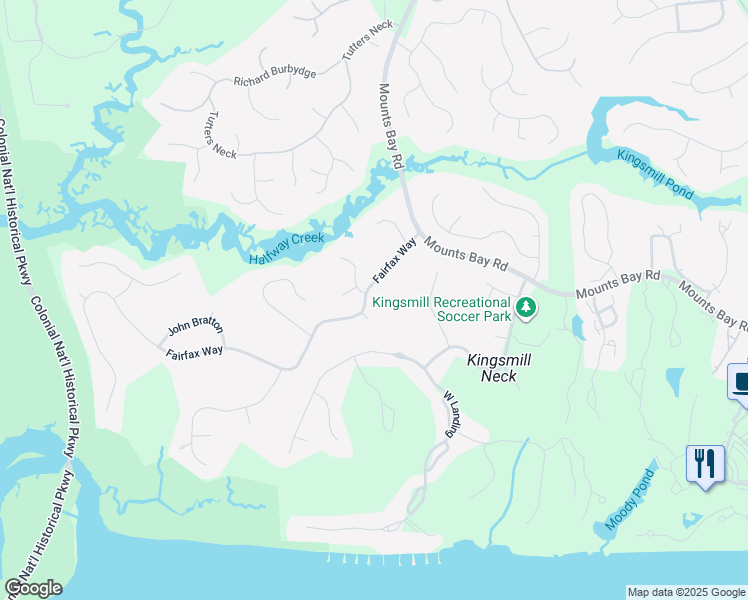 map of restaurants, bars, coffee shops, grocery stores, and more near 301 Fairfax Way in Williamsburg