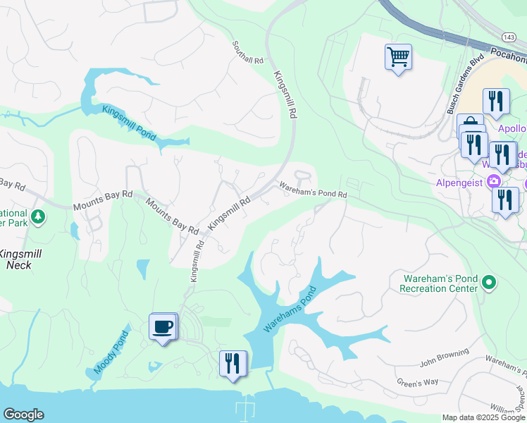 map of restaurants, bars, coffee shops, grocery stores, and more near 276 Littletown Quarter in Williamsburg
