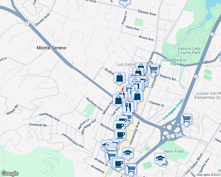 map of restaurants, bars, coffee shops, grocery stores, and more near 17911 Saratoga Los Gatos Road in Monte Sereno